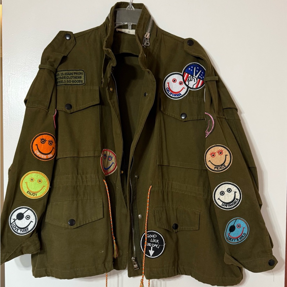 Jade by Jane Olive Utility Jacket with Smiley Patch Details Size M